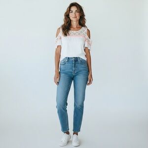 Charming Charlie Lace Cold Shoulder Boho Top Ivory Coral Trim